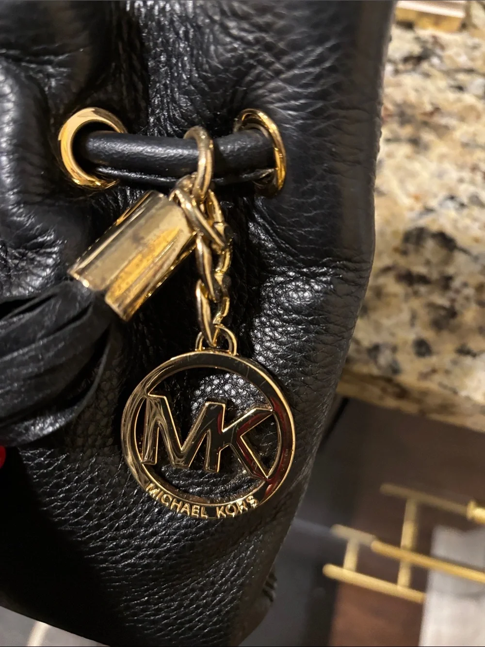 Michael Kors Black Pebbled Leather Messenger Bag with Gold Hardware/#035(6-20-26